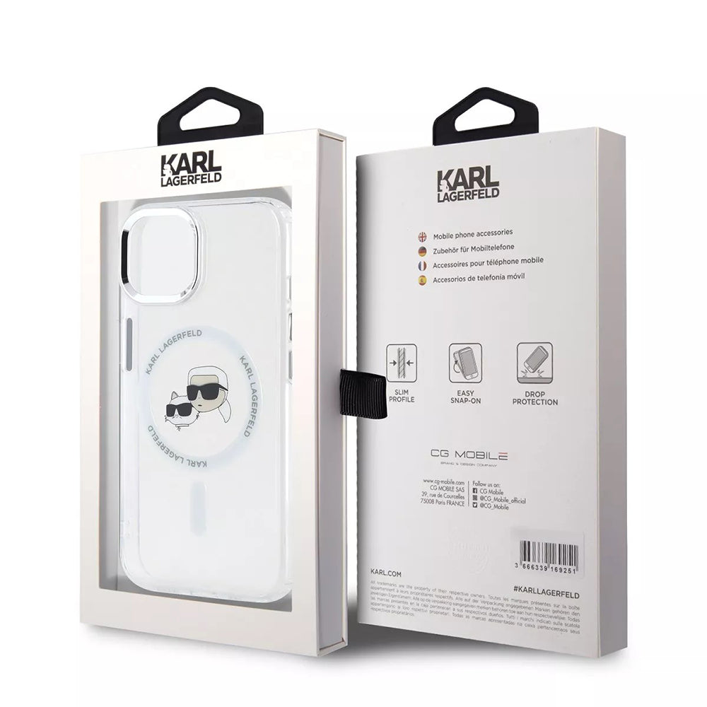MagSafe tok Apple iPhone 15-höz, Karl Lagerfeld, IML Metal Karl & Choupette's Heads, Fehér