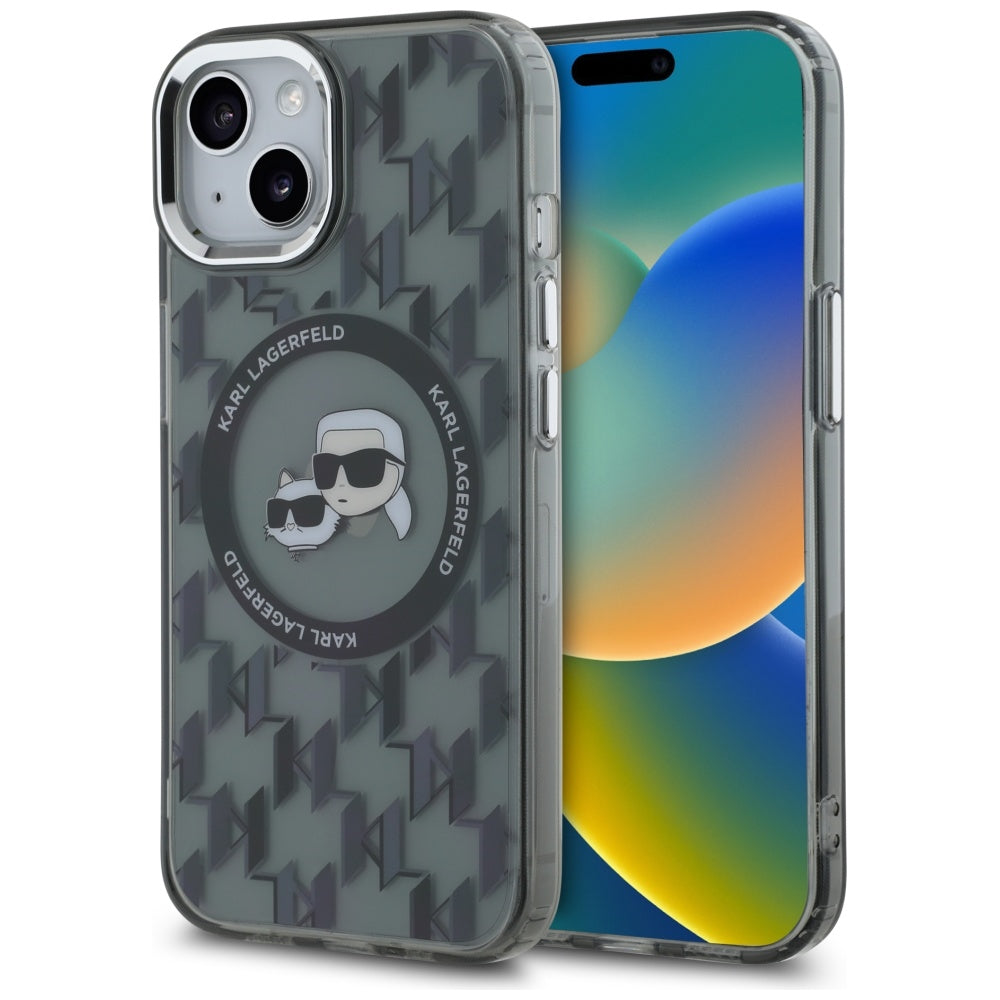 MagSafe tok Apple iPhone 15-höz, Karl Lagerfeld, IML Monogram Karl & Choupette's Heads, Fekete