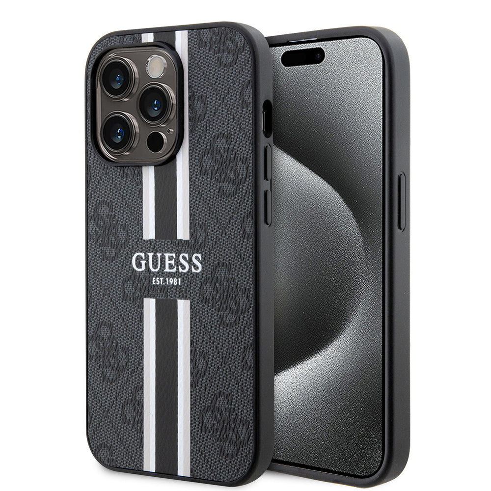 MagSafe tok Apple iPhone 15 Pro-hoz, Guess, 4G Printed Stripes, Fekete