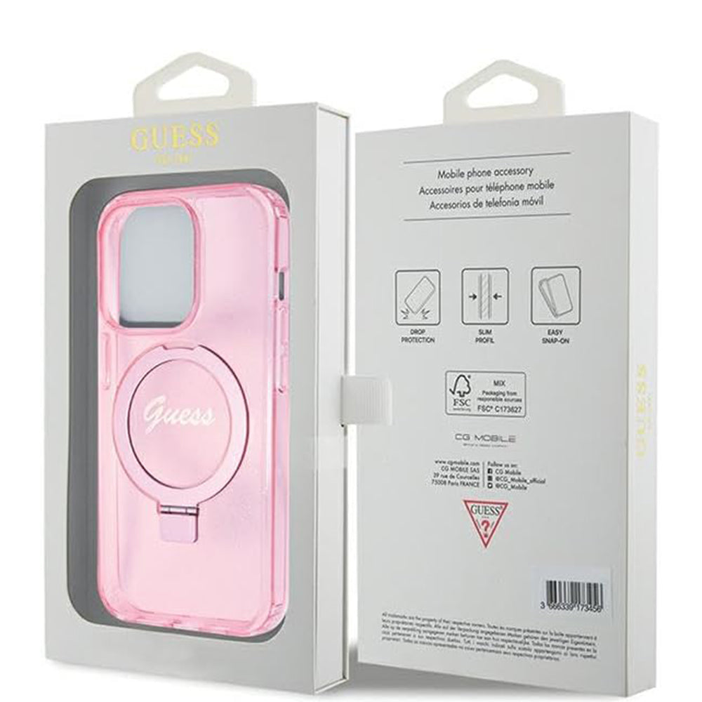 MagSafe Case for Apple iPhone 15 Pro, Guess, IML Ring Stand Glitter, Pink