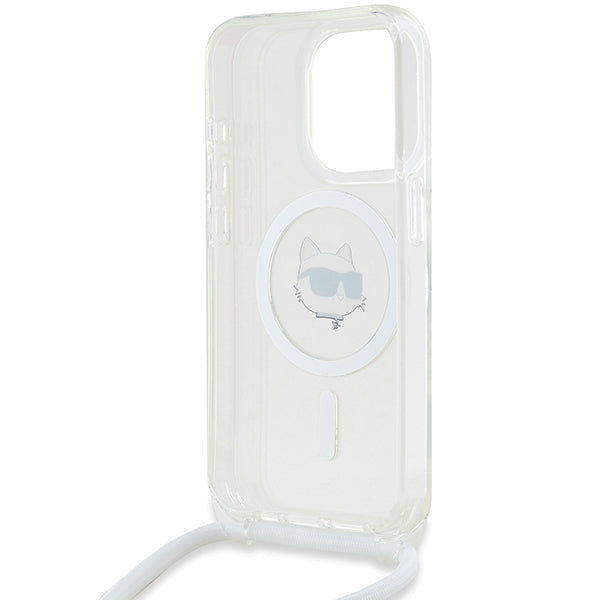 MagSafe Case for Apple iPhone 15 Pro, Karl Lagerfeld, IML Crossbody Choupette's Head with Strap, Transparent