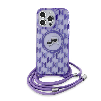 MagSafe Case for Apple iPhone 15 Pro, Karl Lagerfeld, IML Crossbody Monogram Karl & Choupette's Heads, Purple