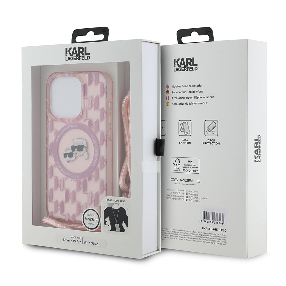 MagSafe Case for Apple iPhone 15 Pro, Karl Lagerfeld, IML Crossbody Monogram Karl & Choupette's Heads, Pink