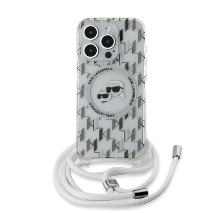 MagSafe Case for Apple iPhone 15 Pro, Karl Lagerfeld, IML Crossbody Monogram Karl & Choupette's Heads, Transparent