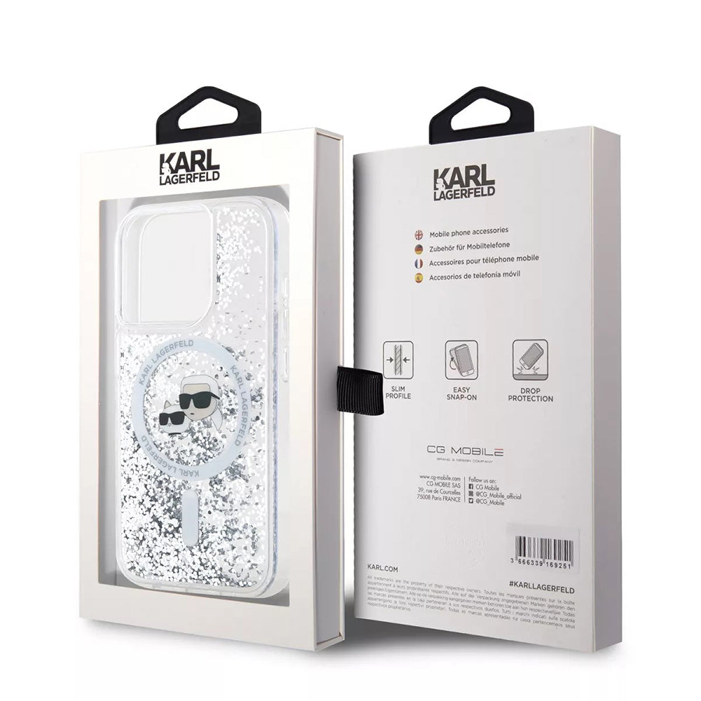 MagSafe Case for Apple iPhone 15 Pro, Karl Lagerfeld, Liquid Glitter Karl & Choupette's Heads, Transparent