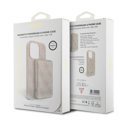 MagSafe tok Apple iPhone 15 Pro Max-hez, Guess, Powerbank 4G Metal Logo, Rózsaszín
