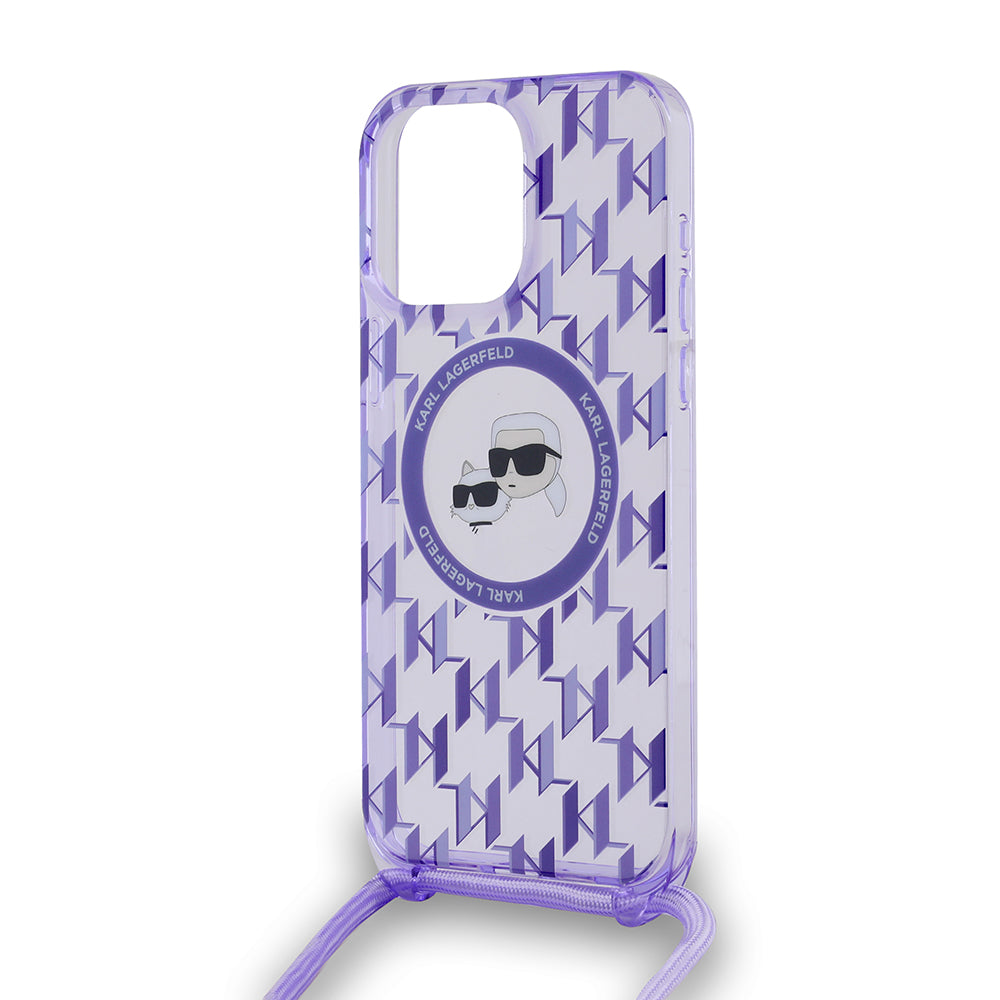 MagSafe Case for Apple iPhone 15 Pro Max, Karl Lagerfeld, IML Crossbody Monogram Karl & Choupette's Heads, Purple