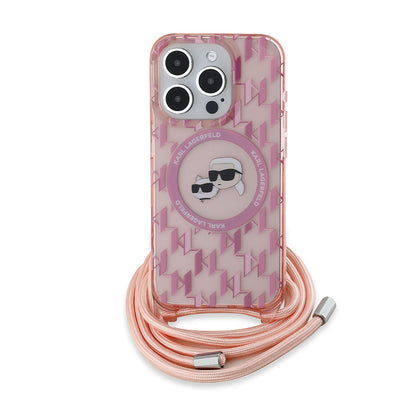 MagSafe tok Apple iPhone 15 Pro Max-hez, Karl Lagerfeld, IML Crossbody Monogram Karl & Choupette's Heads, Rózsaszín