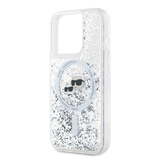 MagSafe Case for Apple iPhone 15 Pro Max, Karl Lagerfeld, Liquid Glitter Karl & Choupette's Heads, Transparent