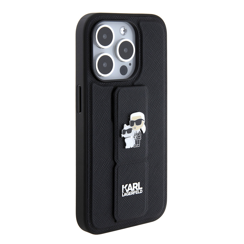 MagSafe tok Apple iPhone 15 Pro Max-hez, Karl Lagerfeld, Saffiano Gripstand Karl & Choupette, Fekete