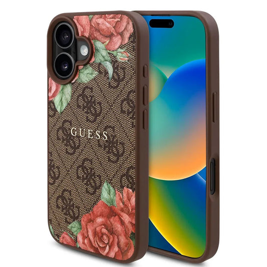 MagSafe tok Apple iPhone 16-hoz, Guess, 4G Flowers Print, Barna