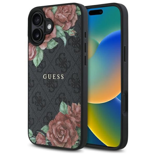 MagSafe tok Apple iPhone 16-hoz, Guess, 4G Flowers Print, Fekete