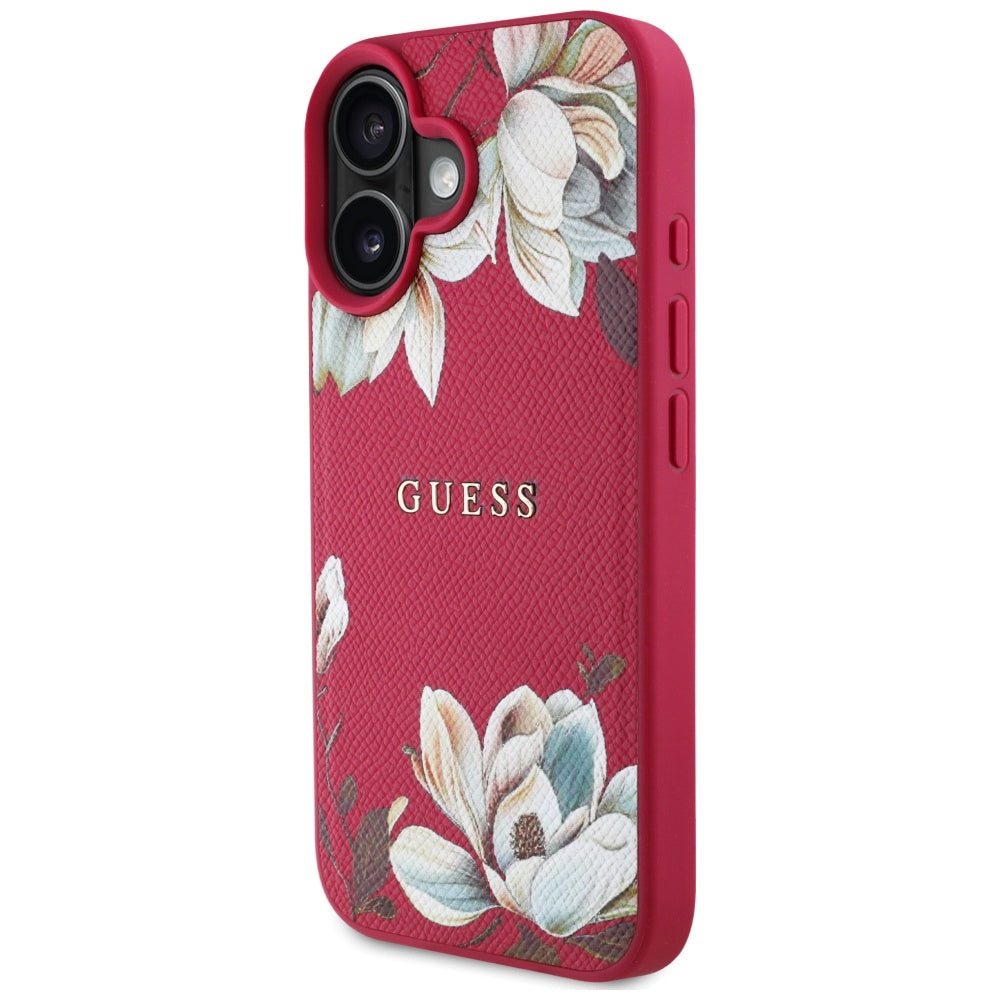 MagSafe Case for Apple iPhone 16, Guess, Grained Flowers, Fuchsia