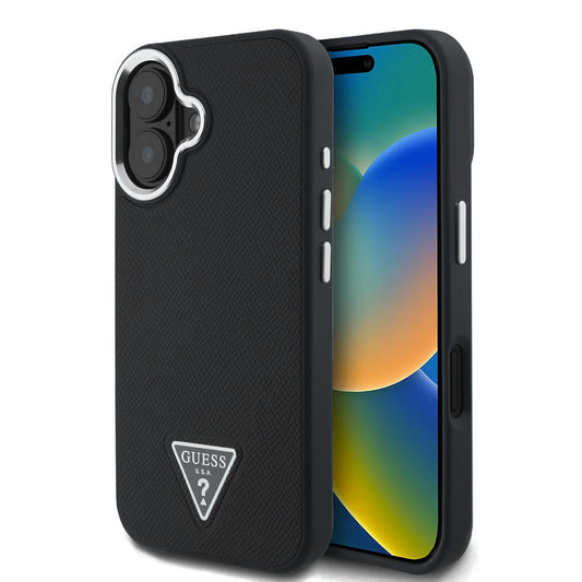 MagSafe tok Apple iPhone 16-hoz, Guess, Grained Triangle Logo, Fekete