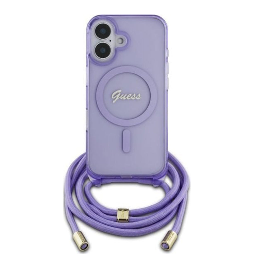 MagSafe tok Apple iPhone 16-hoz, Guess, IML Crossbody Cord Script, Lila