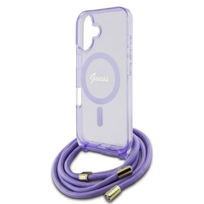 MagSafe tok Apple iPhone 16-hoz, Guess, IML Crossbody Cord Script, Lila