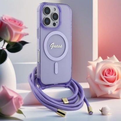 MagSafe tok Apple iPhone 16-hoz, Guess, IML Crossbody Cord Script, Lila