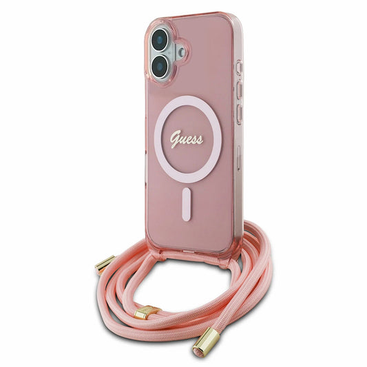 MagSafe tok Apple iPhone 16-hoz, Guess, IML Crossbody Cord Script, Rózsaszín