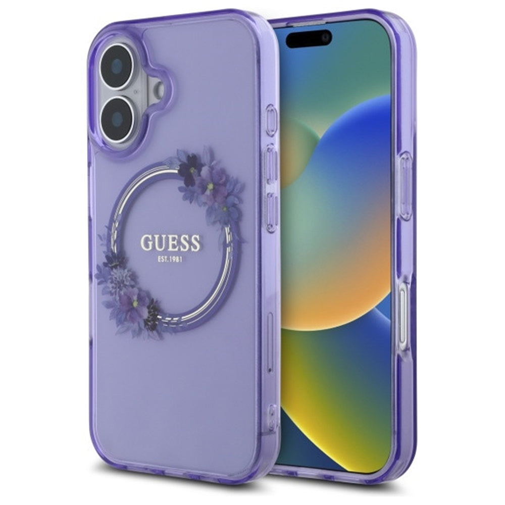MagSafe tok Apple iPhone 16-hoz, Guess, IML Flowers Wreath, Lila