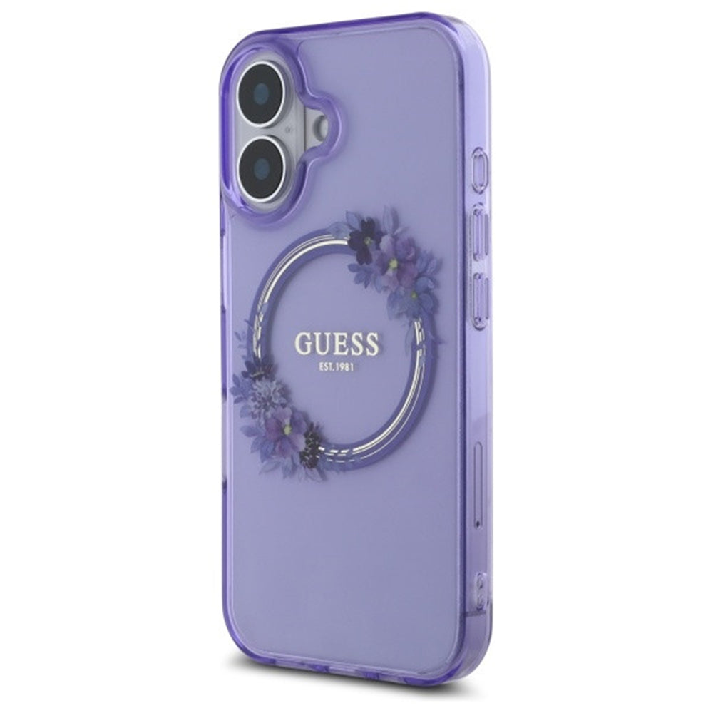 MagSafe tok Apple iPhone 16-hoz, Guess, IML Flowers Wreath, Lila
