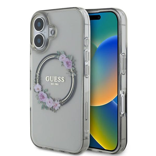 MagSafe tok Apple iPhone 16-hoz, Guess, IML Flowers Wreath, Fekete