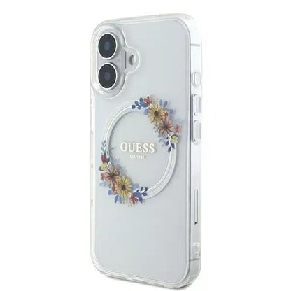 MagSafe Case for Apple iPhone 16, Guess, IML Flowers Wreath, Transparent