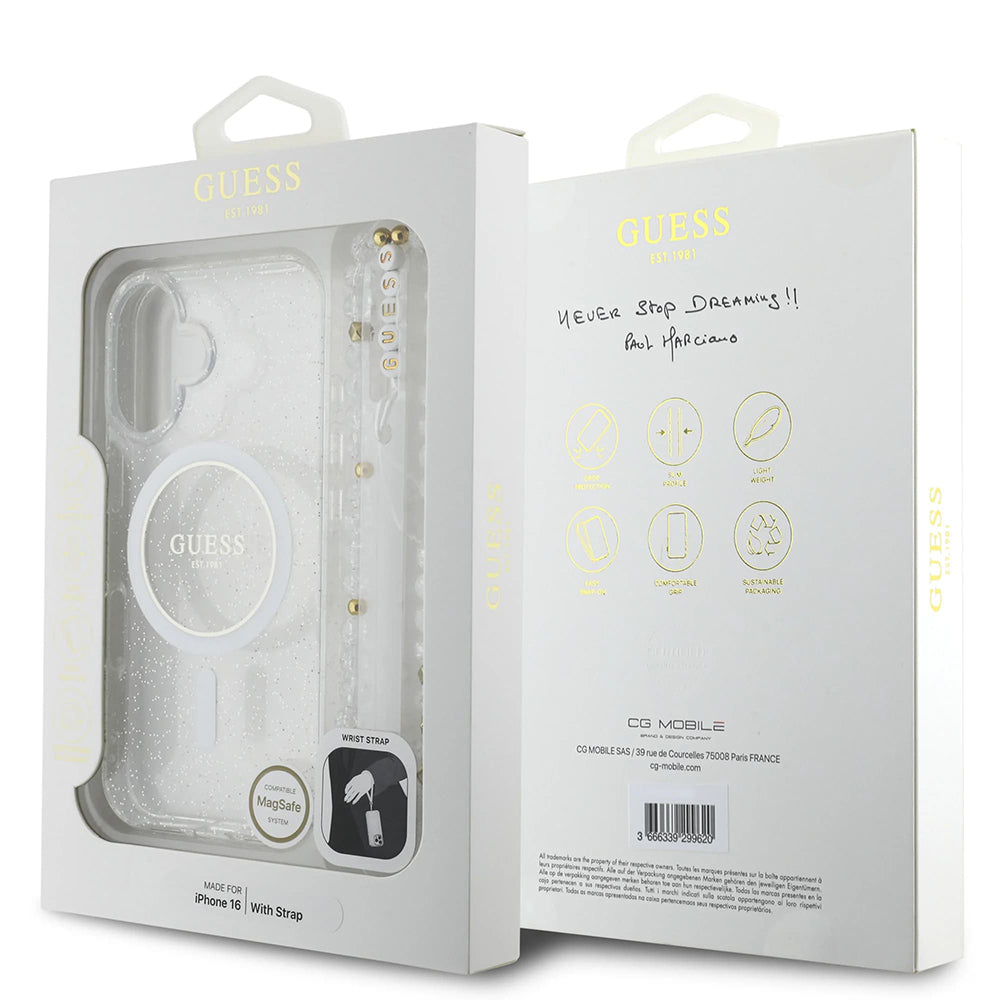 MagSafe tok Apple iPhone 16-hoz, Guess, IML Glitter gyöngyös pánttal, Átlátszó