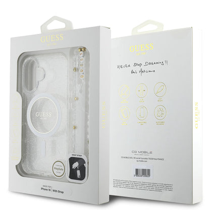 MagSafe tok Apple iPhone 16-hoz, Guess, IML Glitter gyöngyös pánttal, Átlátszó
