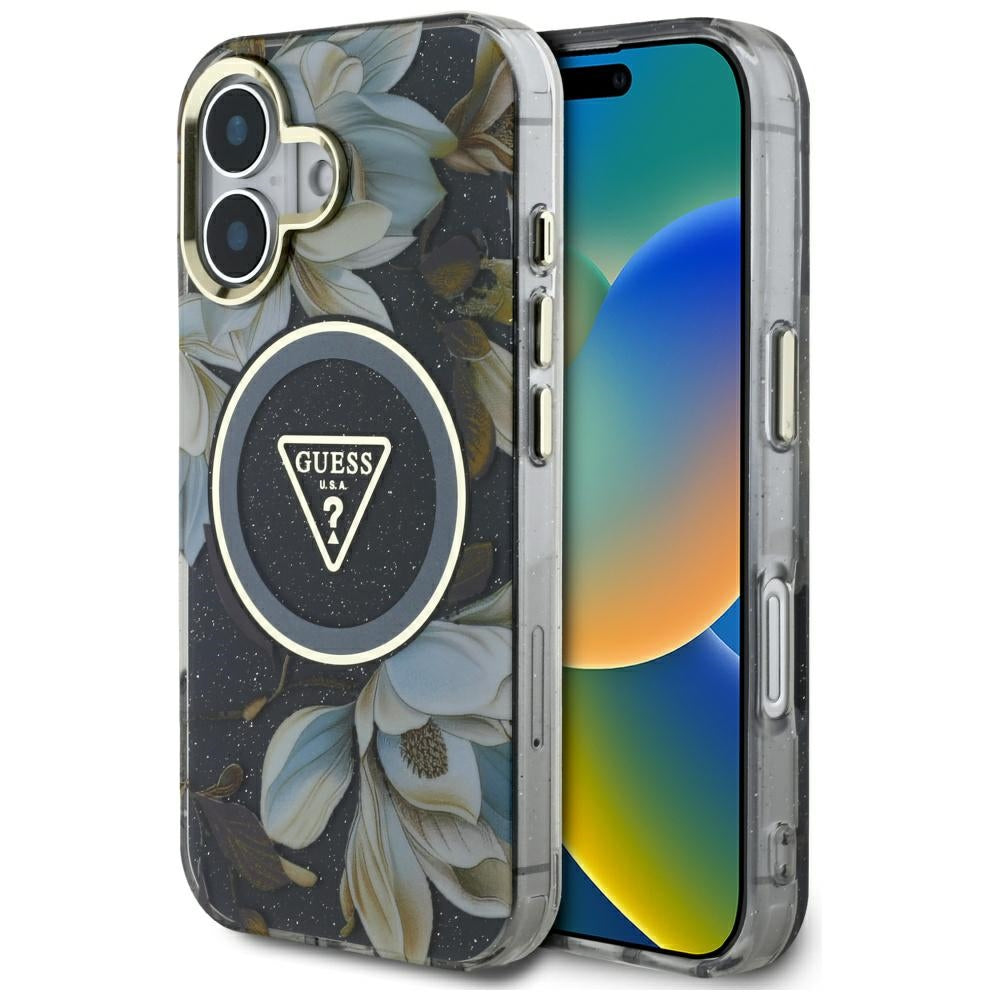 MagSafe tok Apple iPhone 16-hoz, Guess, IML Metal Glitter Flowers Triangle, Fekete