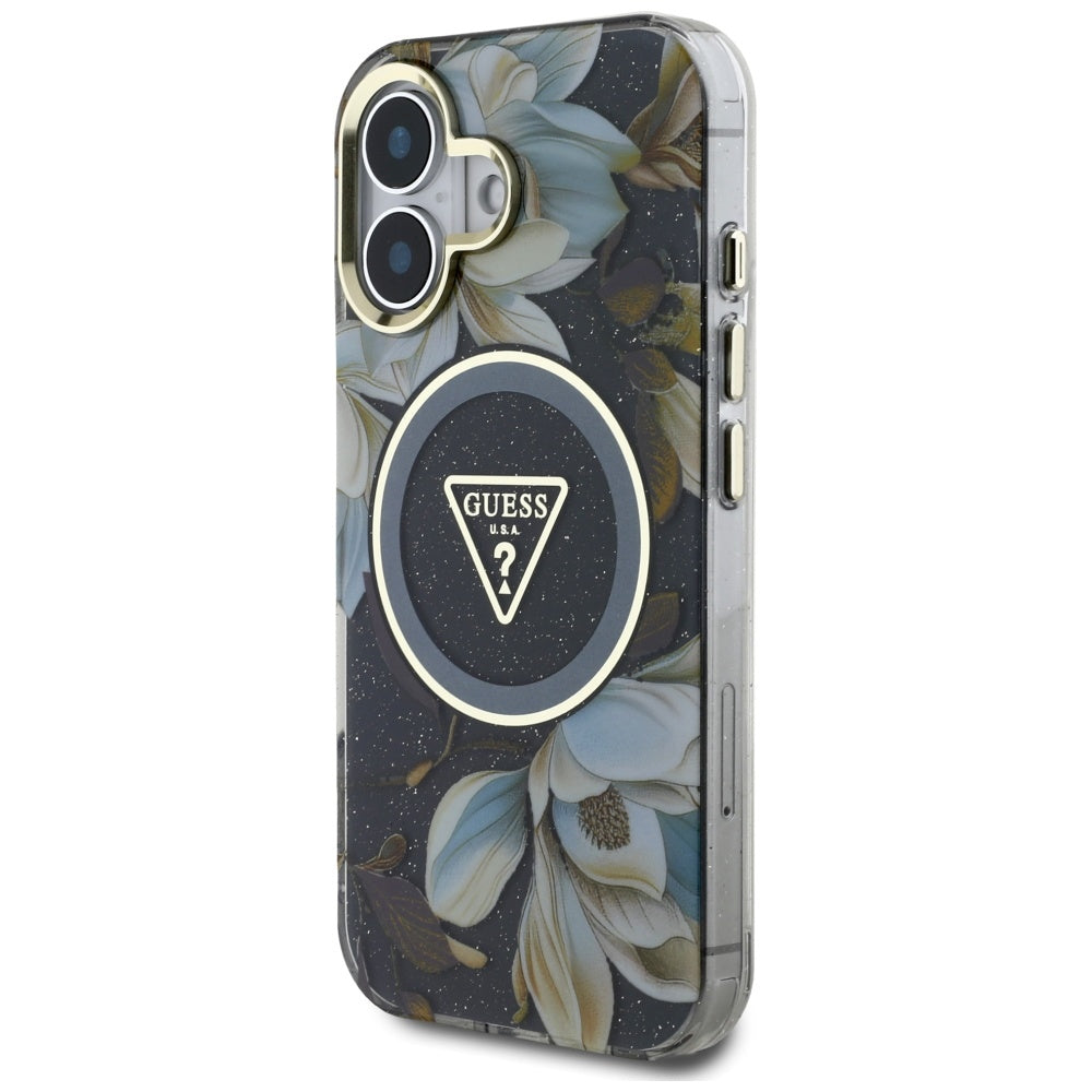 MagSafe tok Apple iPhone 16-hoz, Guess, IML Metal Glitter Flowers Triangle, Fekete