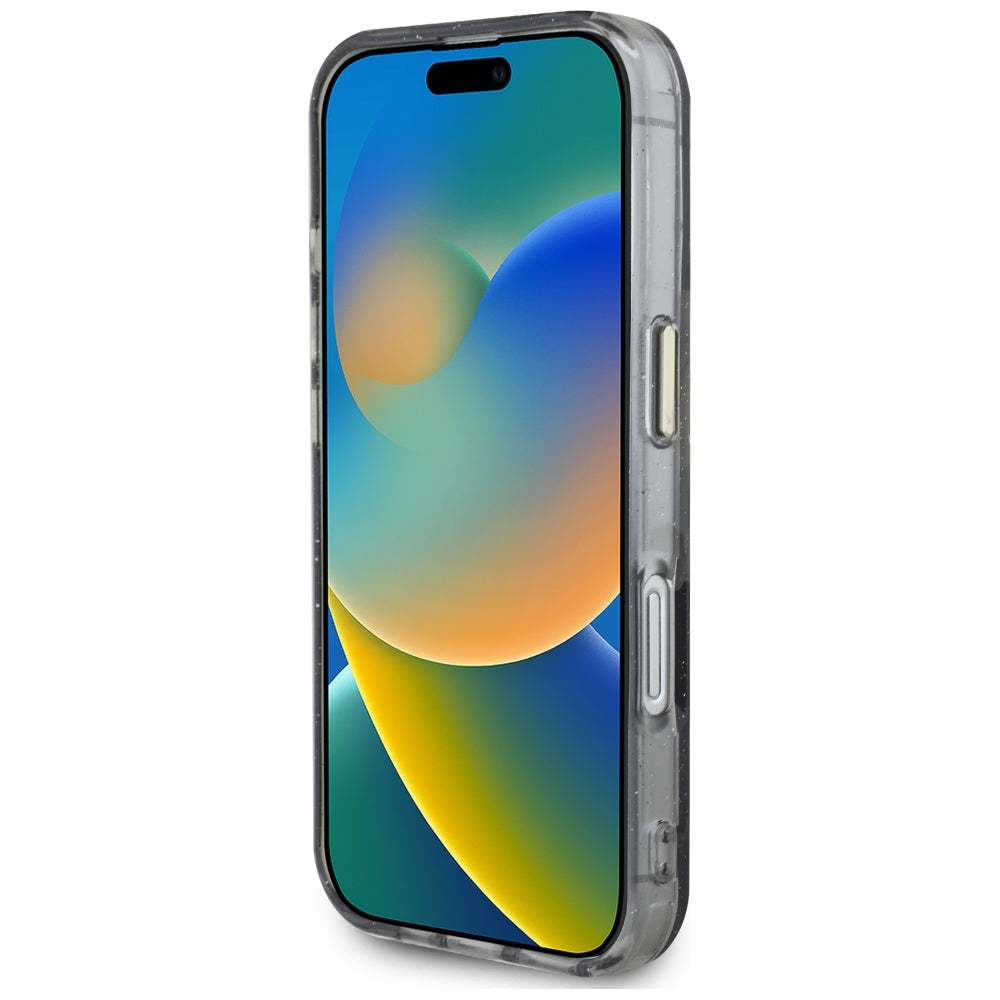 MagSafe tok Apple iPhone 16-hoz, Guess, IML Metal Glitter Flowers Triangle, Fekete