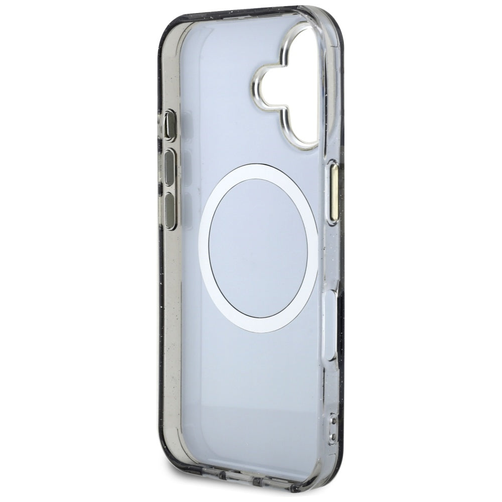 MagSafe tok Apple iPhone 16-hoz, Guess, IML Metal Glitter Flowers Triangle, Fekete