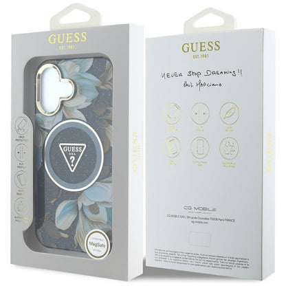MagSafe tok Apple iPhone 16-hoz, Guess, IML Metal Glitter Flowers Triangle, Fekete