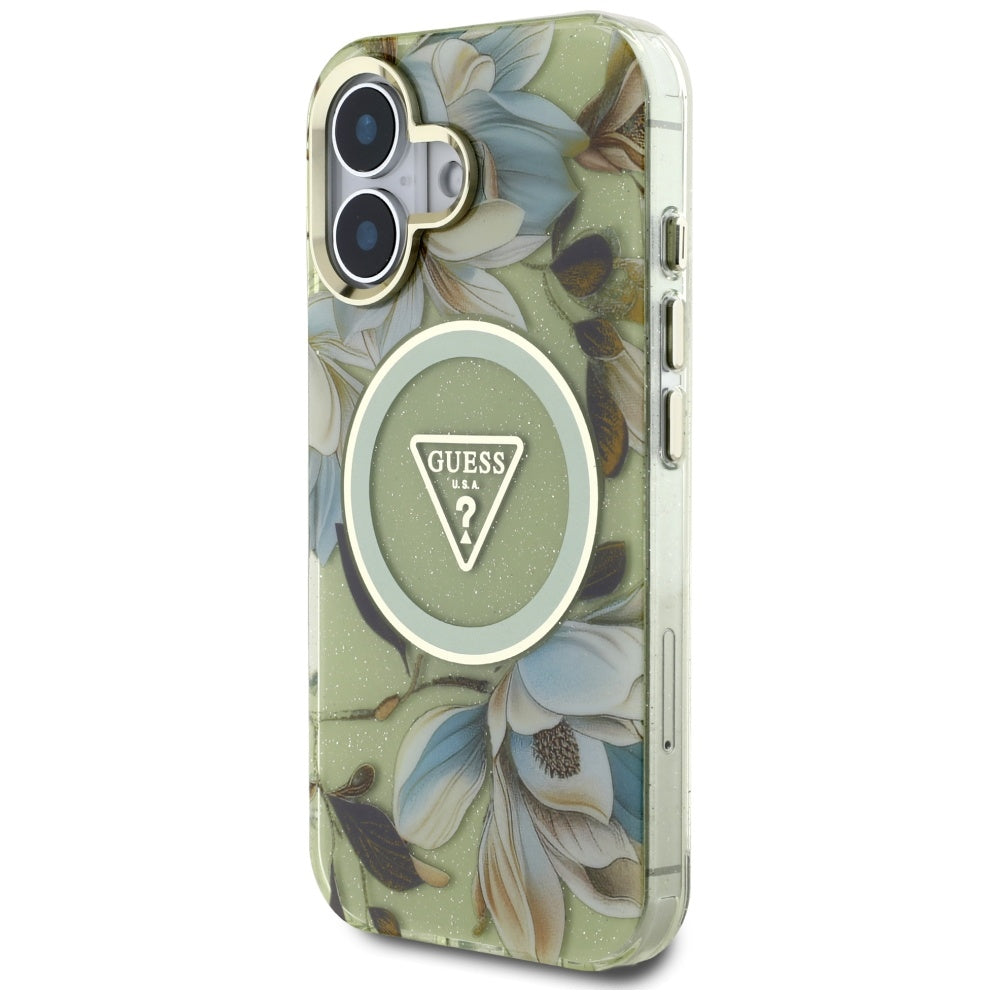 MagSafe tok Apple iPhone 16-hoz, Guess, IML Metal Glitter Flowers Triangle, Zöld