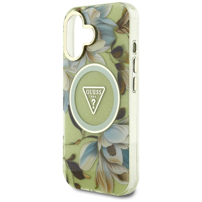 MagSafe tok Apple iPhone 16-hoz, Guess, IML Metal Glitter Flowers Triangle, Zöld