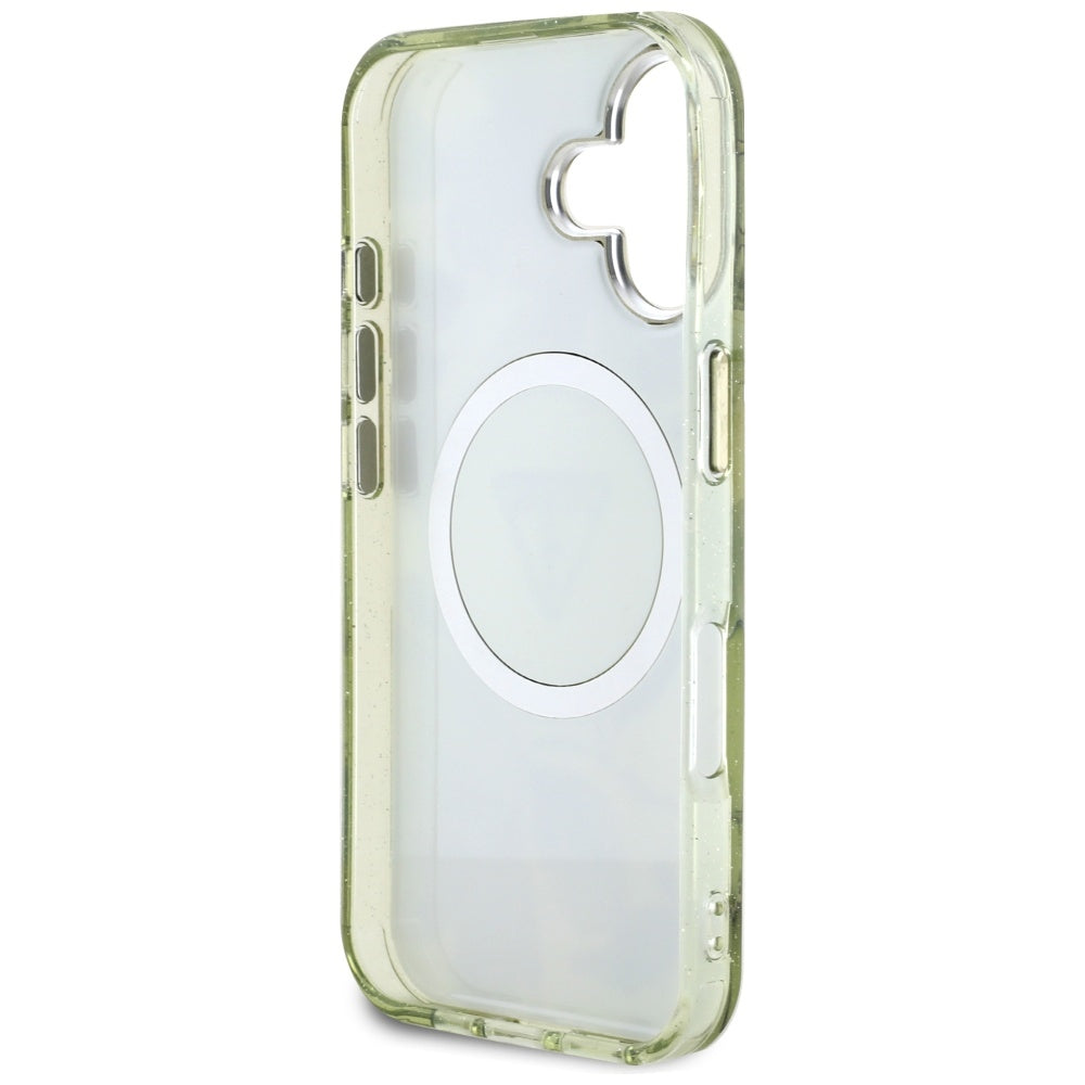 MagSafe tok Apple iPhone 16-hoz, Guess, IML Metal Glitter Flowers Triangle, Zöld