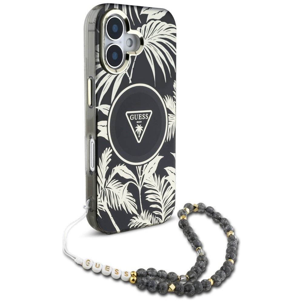 MagSafe tok Apple iPhone 16-hoz, Guess, IML Palm Trees Triangle with Pearl Strap, Fekete
