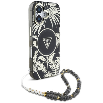 MagSafe tok Apple iPhone 16-hoz, Guess, IML Palm Trees Triangle with Pearl Strap, Fekete