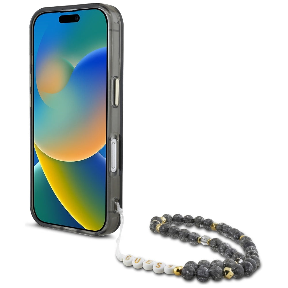 MagSafe tok Apple iPhone 16-hoz, Guess, IML Palm Trees Triangle with Pearl Strap, Fekete