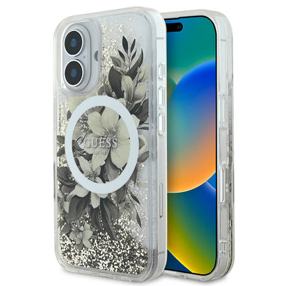 MagSafe tok Apple iPhone 16-hoz, Guess, Liquid Glitter Flower, Bézs