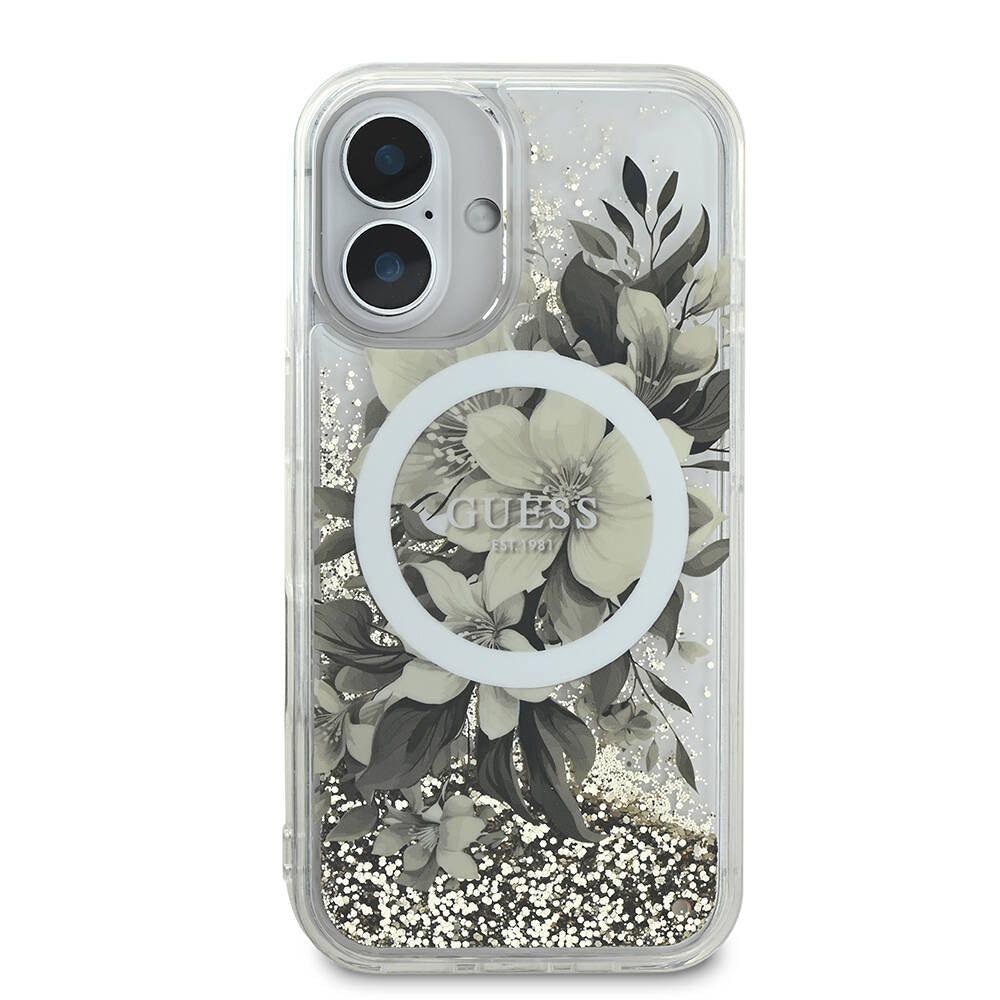MagSafe tok Apple iPhone 16-hoz, Guess, Liquid Glitter Flower, Bézs
