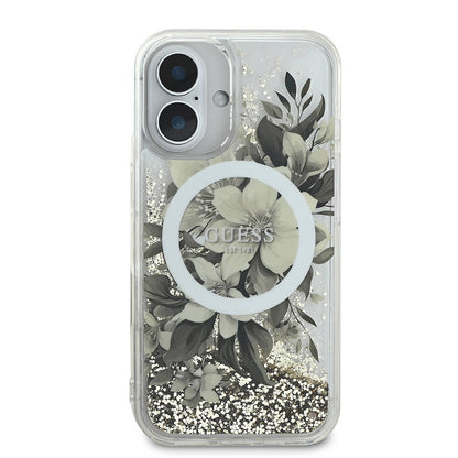 MagSafe tok Apple iPhone 16-hoz, Guess, Liquid Glitter Flower, Bézs