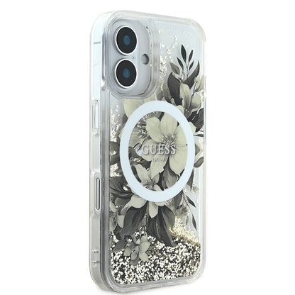MagSafe tok Apple iPhone 16-hoz, Guess, Liquid Glitter Flower, Bézs