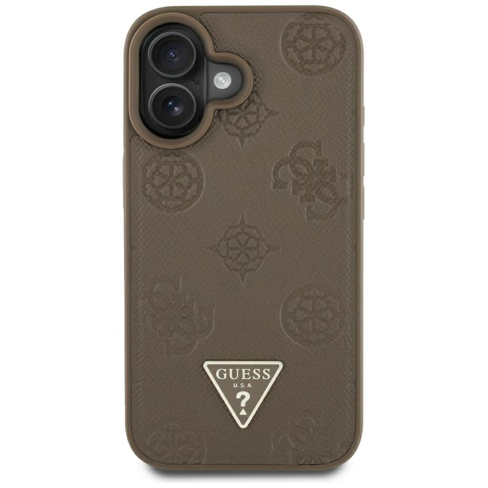 MagSafe Case for Apple iPhone 16, Guess, Peony Grained Hot Stamp Triangle, Brown