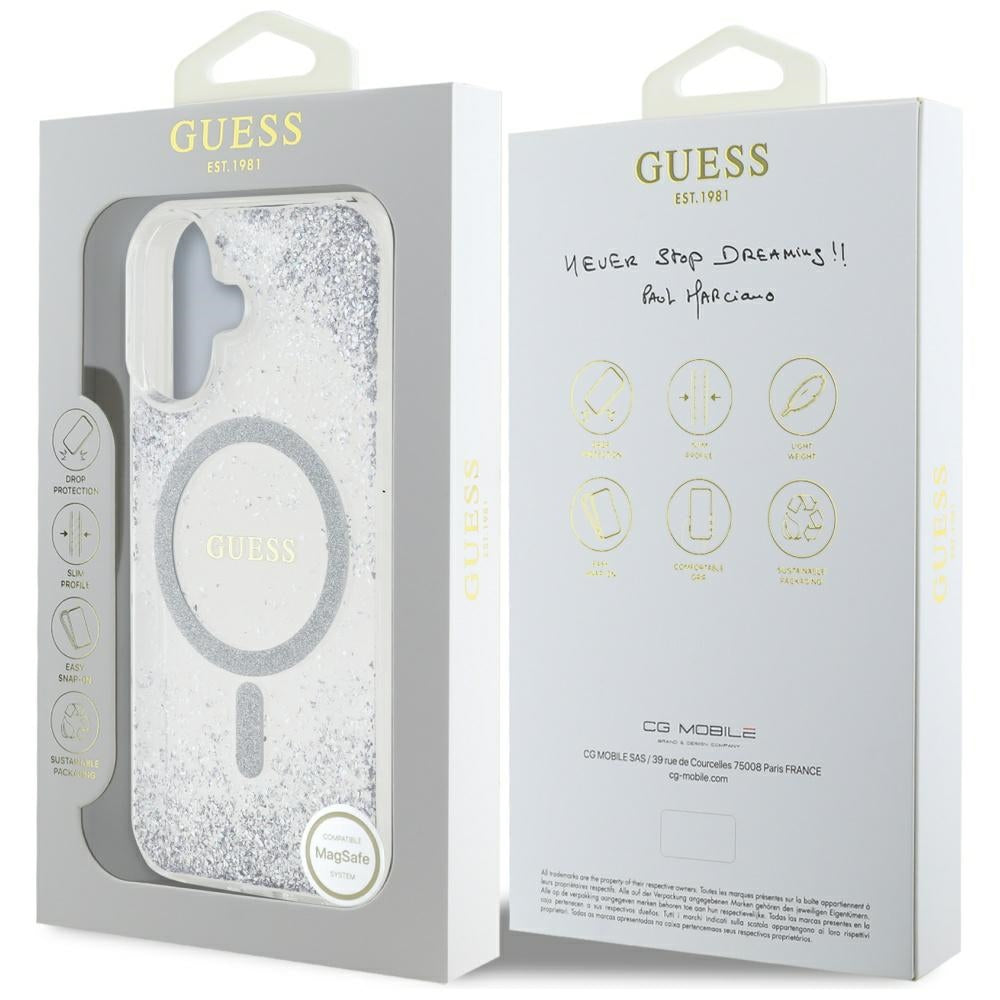 MagSafe tok Apple iPhone 16-hoz, Guess, Resin Gradient Glitter, Ezüst