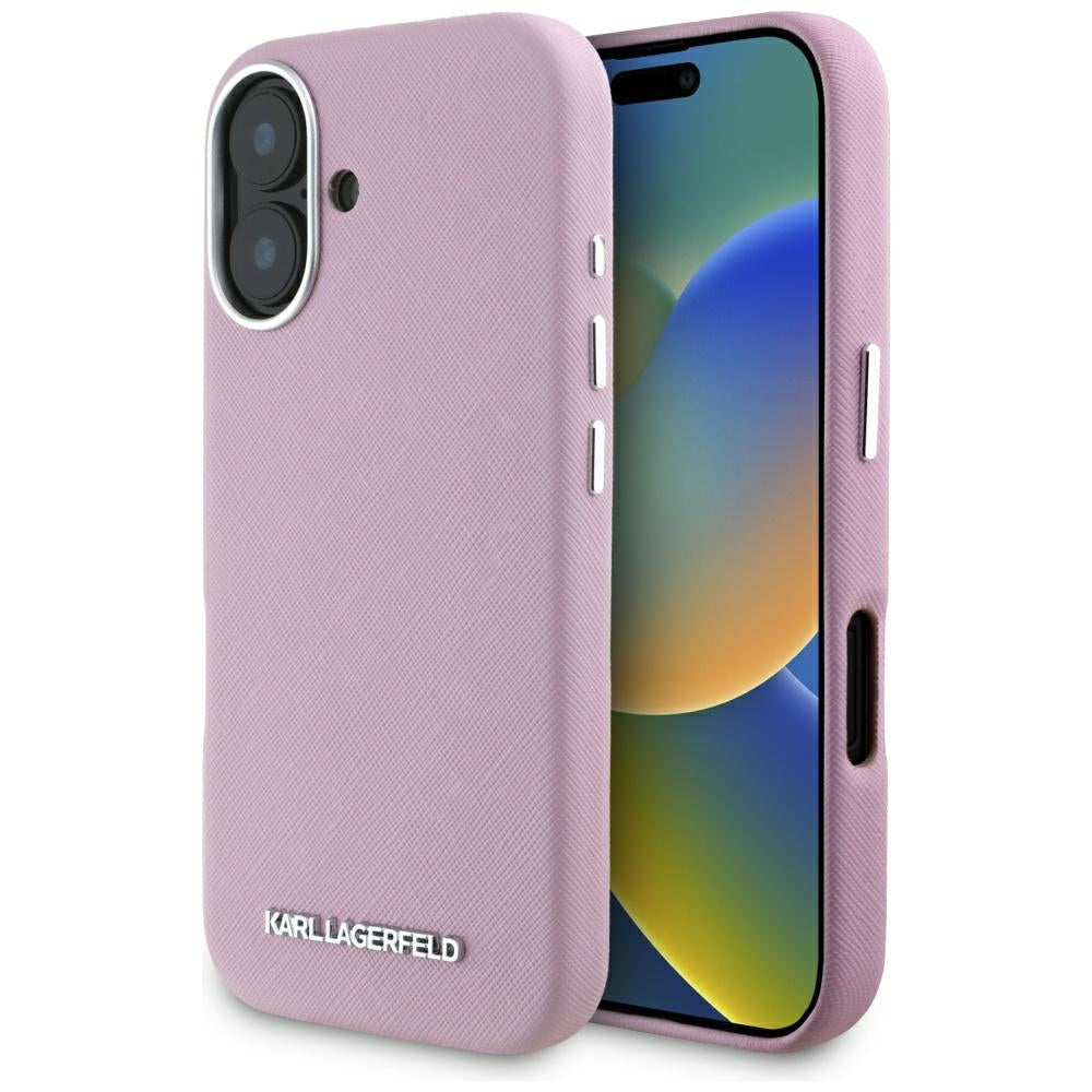 MagSafe tok Apple iPhone 16-hoz, Karl Lagerfeld, Saffiano teljesen beburkolt hosszúkás fém logóval, Rózsaszín