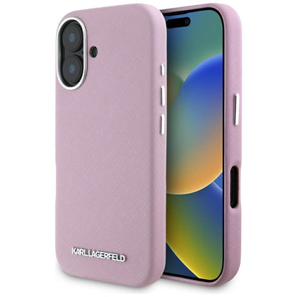 MagSafe tok Apple iPhone 16-hoz, Karl Lagerfeld, Saffiano teljesen beburkolt hosszúkás fém logóval, Rózsaszín