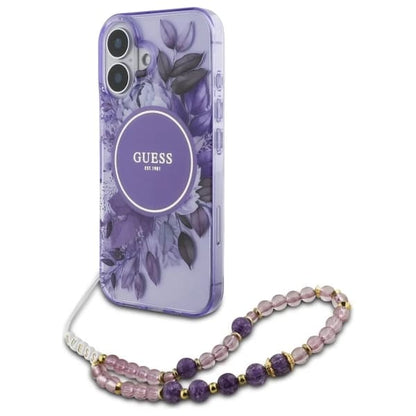 MagSafe Case for Apple iPhone 16 Plus, Guess, IML Flowers with Pearl Strap, Purple