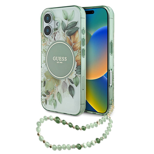 MagSafe Case for Apple iPhone 16 Plus, Guess, IML Flowers with Pearl Strap, Green