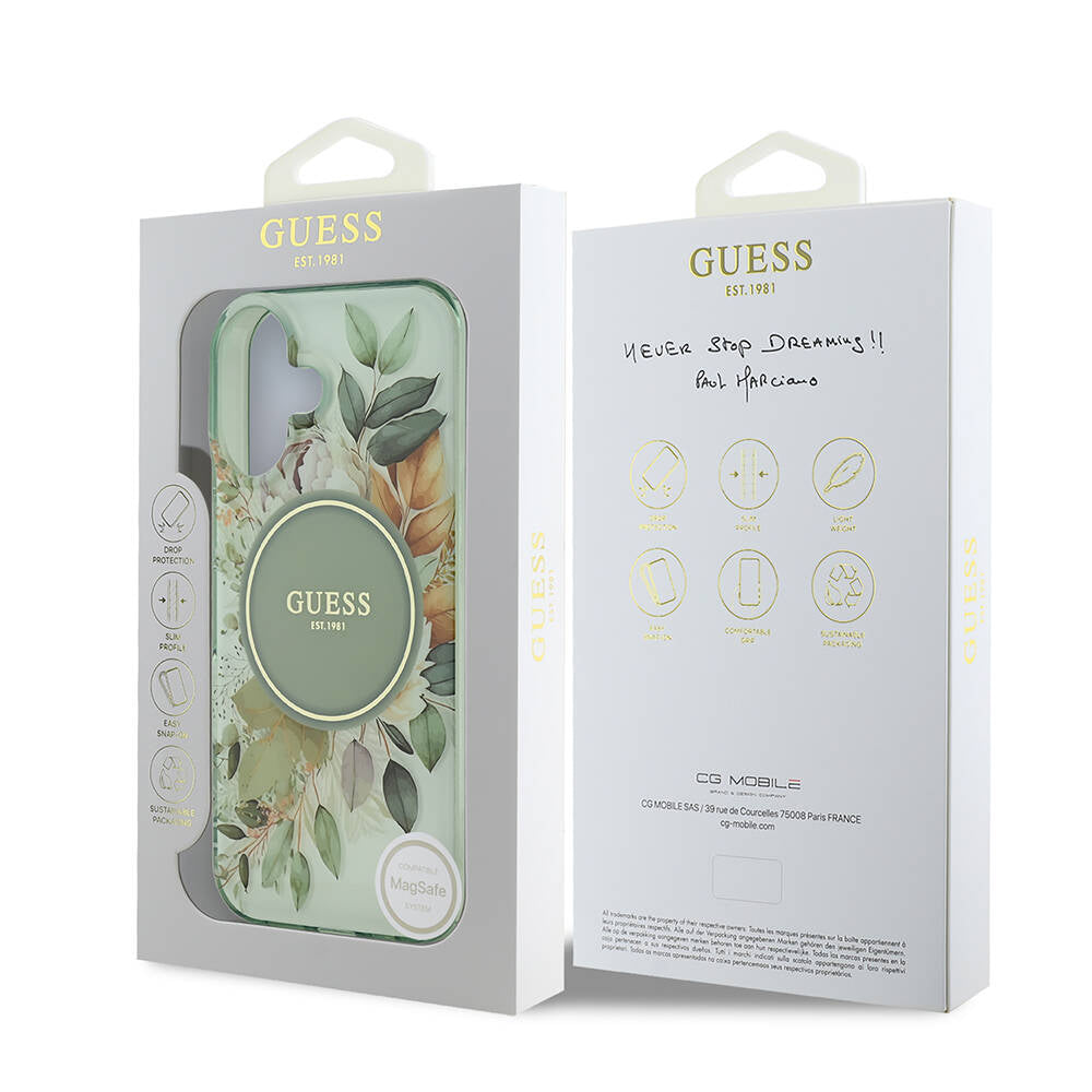 MagSafe Case for Apple iPhone 16 Plus, Guess, IML Flowers with Pearl Strap, Green